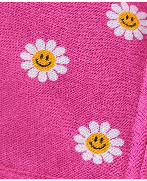 Babyhug 100% Cotton Knit to Knit Full Sleeves Hooded T-Shirt and Lounge Pant Floral Print - Fuchisa