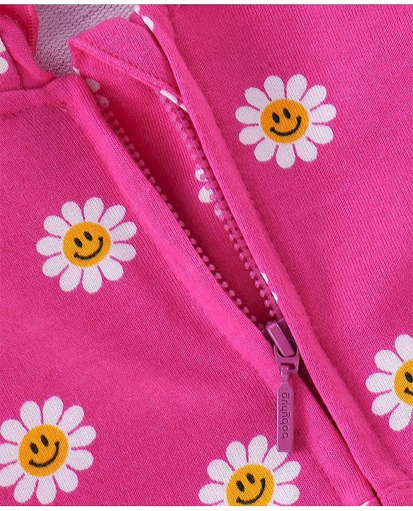 Babyhug 100% Cotton Knit to Knit Full Sleeves Hooded T-Shirt and Lounge Pant Floral Print - Fuchisa