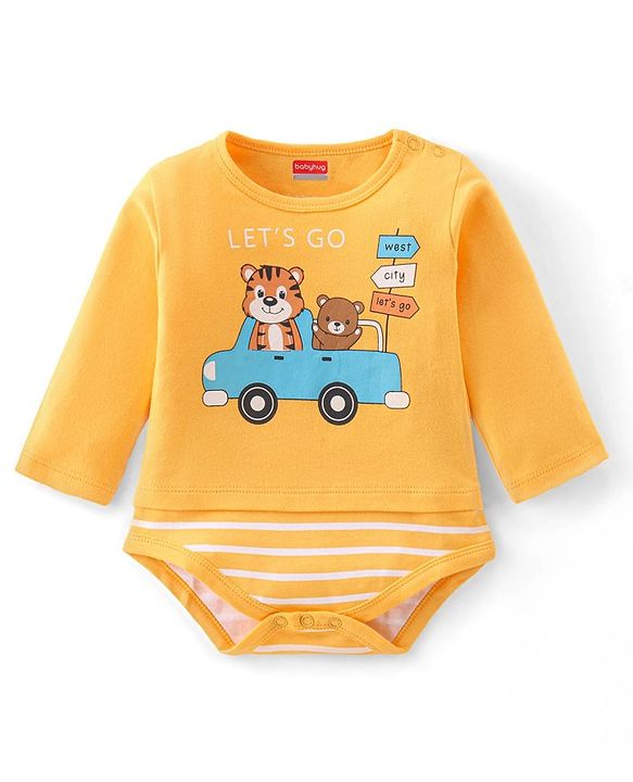 Babyhug 100% Cotton Knit Full Sleeves Onesie with Tiger & Teddy Print - Yellow