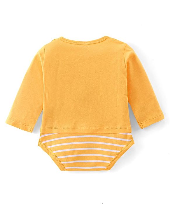 Babyhug 100% Cotton Knit Full Sleeves Onesie with Tiger & Teddy Print - Yellow