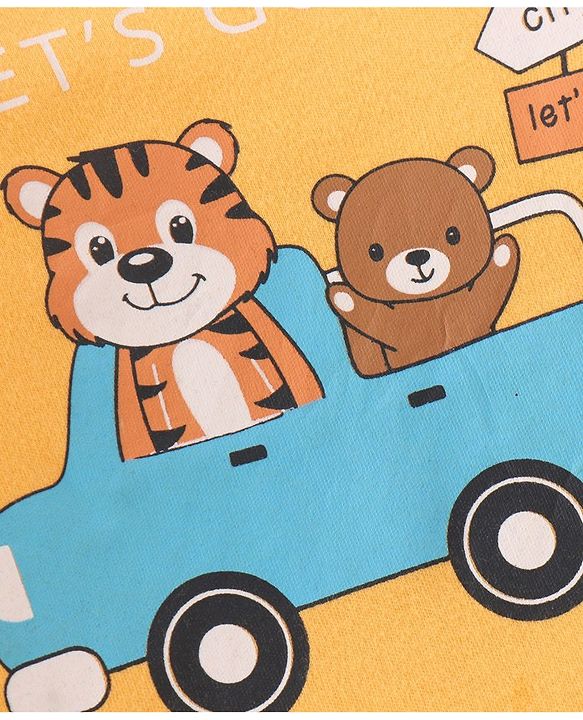 Babyhug 100% Cotton Knit Full Sleeves Onesie with Tiger & Teddy Print - Yellow