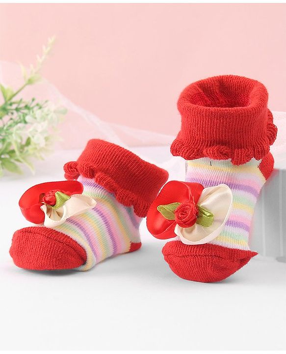 Cute Walk by Babyhug Sock Shoes With Flower Applique - Red