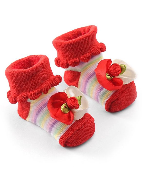 Cute Walk by Babyhug Sock Shoes With Flower Applique - Red