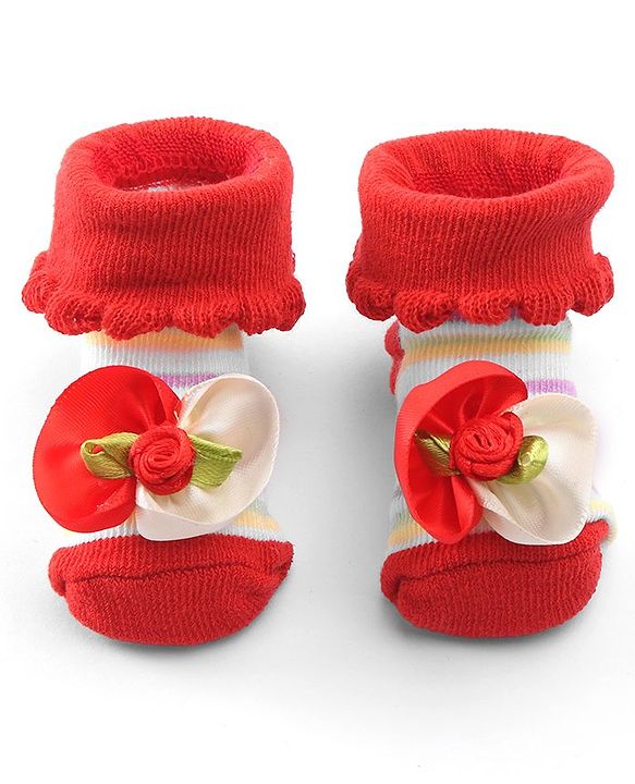 Cute Walk by Babyhug Sock Shoes With Flower Applique - Red