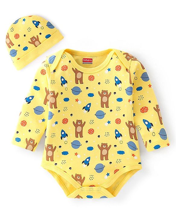 Babyhug 100% Cotton Interlock Knit Full Sleeves Onesie with Cap Bear Print - Yellow
