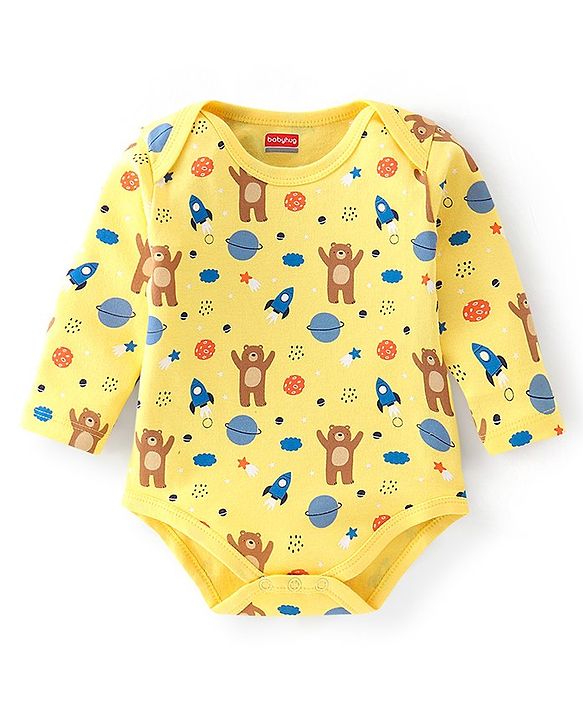Babyhug 100% Cotton Interlock Knit Full Sleeves Onesie with Cap Bear Print - Yellow
