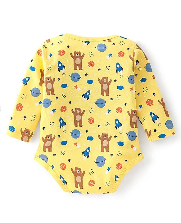 Babyhug 100% Cotton Interlock Knit Full Sleeves Onesie with Cap Bear Print - Yellow