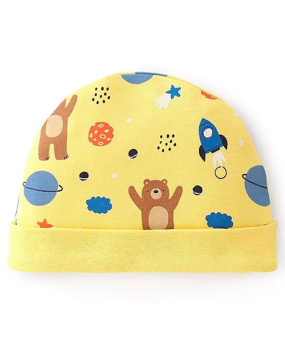 Babyhug 100% Cotton Interlock Knit Full Sleeves Onesie with Cap Bear Print - Yellow