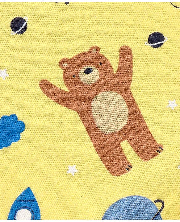 Babyhug 100% Cotton Interlock Knit Full Sleeves Onesie with Cap Bear Print - Yellow
