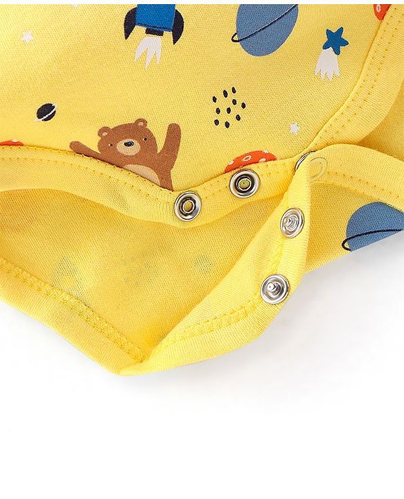 Babyhug 100% Cotton Interlock Knit Full Sleeves Onesie with Cap Bear Print - Yellow