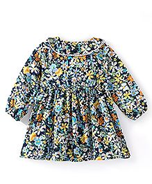 Babyhug Rayon Woven Full Sleeves Floral Printed Frock with Frill Detailing - Navy Blue