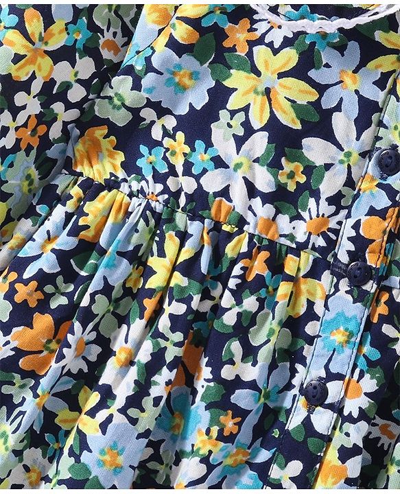 Babyhug Rayon Woven Full Sleeves Floral Printed Frock with Frill Detailing - Navy Blue