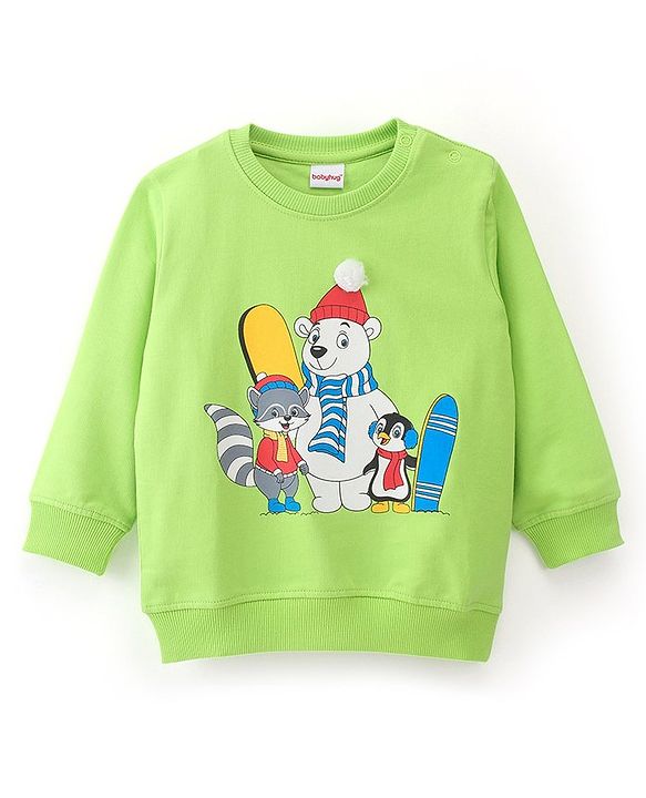 Babyhug 100% Cotton Knit Full Sleeves Animals Graphics Sweatshirt - Lime Green
