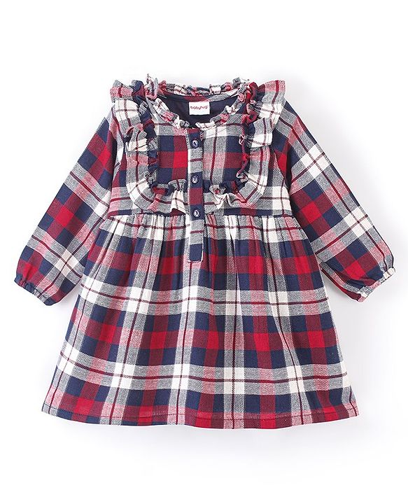 Babyhug Yarn Dyed Checks Full Sleeves Dress With Frill Detailing - Red