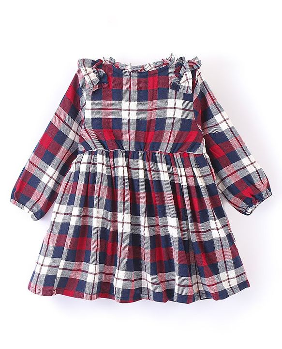 Babyhug Yarn Dyed Checks Full Sleeves Dress With Frill Detailing - Red