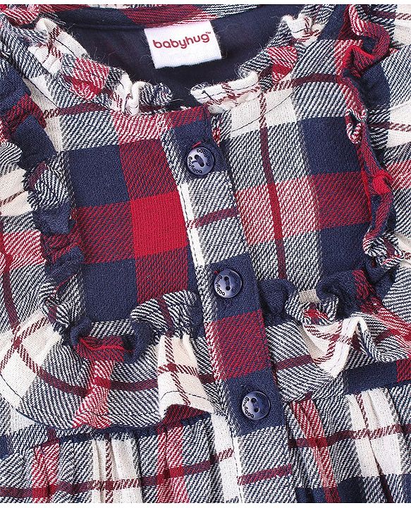 Babyhug Yarn Dyed Checks Full Sleeves Dress With Frill Detailing - Red