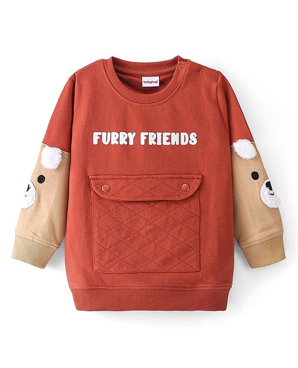 Babyhug Full Sleeves Sweatshirt with Graphics & Fur Detailing - Brown