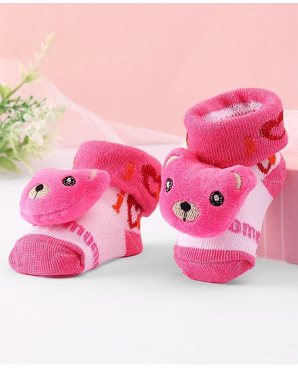 Cute Walk by Babyhug Socks Shoes with Bear Applique - Light Pink