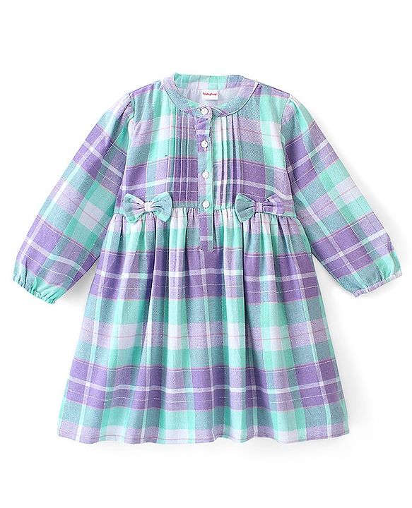 Babyhug Cotton Knit Yarndyed Full Sleeves Frock With Bow Applique Checkered - Lilac & Blue
