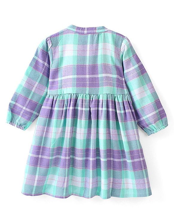 Babyhug Cotton Knit Yarndyed Full Sleeves Frock With Bow Applique Checkered - Lilac & Blue