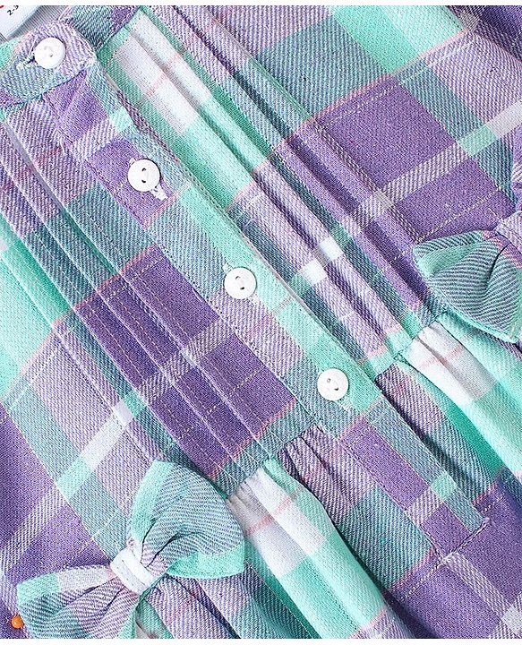 Babyhug Cotton Knit Yarndyed Full Sleeves Frock With Bow Applique Checkered - Lilac & Blue