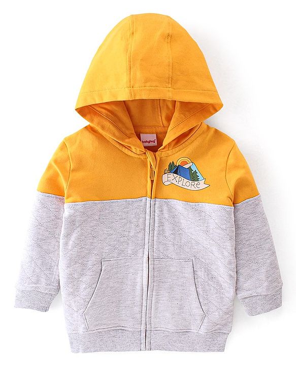 Babyhug Cotton Knit Full Sleeves Hoodie With Quilting Detailing & Text Print - Yellow & Grey