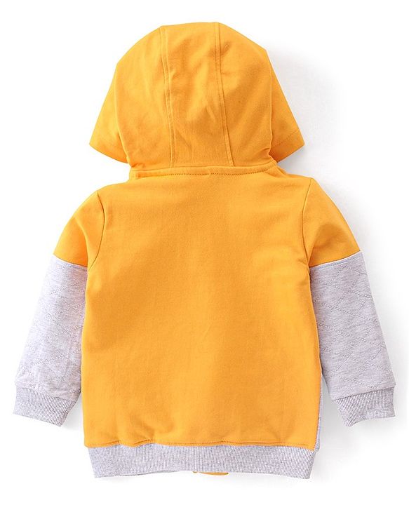 Babyhug Cotton Knit Full Sleeves Hoodie With Quilting Detailing & Text Print - Yellow & Grey