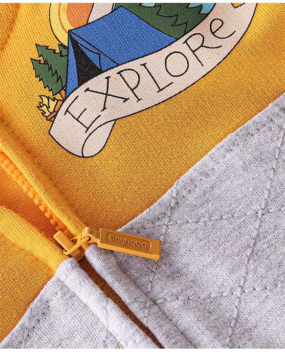 Babyhug Cotton Knit Full Sleeves Hoodie With Quilting Detailing & Text Print - Yellow & Grey