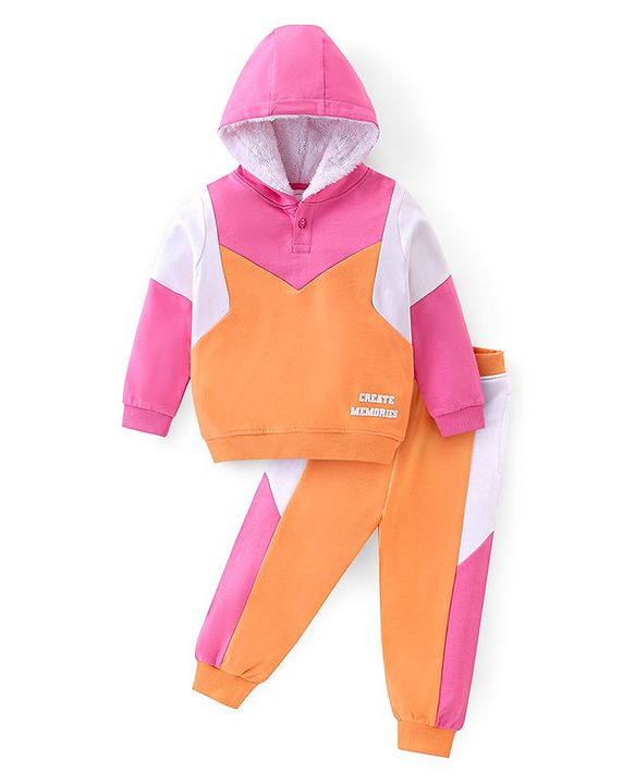 Babyhug 100% Cotton Knit Full Sleeves Hooded Sweatshirt & Lounge Pant Set with Text Print - Pink & Orange