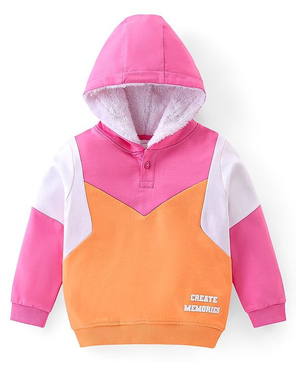 Babyhug 100% Cotton Knit Full Sleeves Hooded Sweatshirt & Lounge Pant Set with Text Print - Pink & Orange