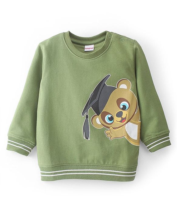 Babyhug Cotton Knit Full Sleeves Bear Printed Sweatshirt - Olive Green