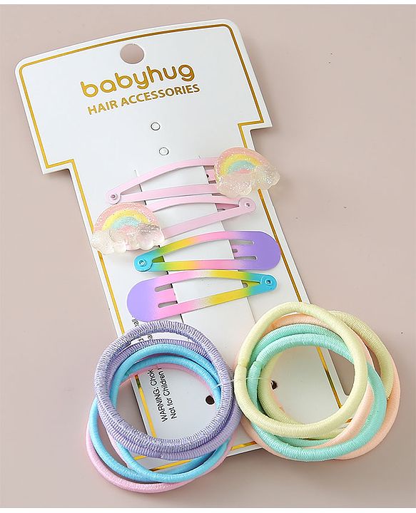 Babyhug Combo Set of 4 Snap Clips & 12  Hair Rubber Bands - Multicolor