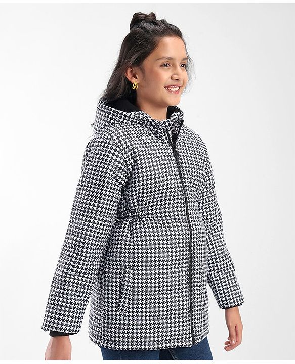 Pine Kids Full Sleeves Checked Print Medium Winter Hooded Jacket - Black & White
