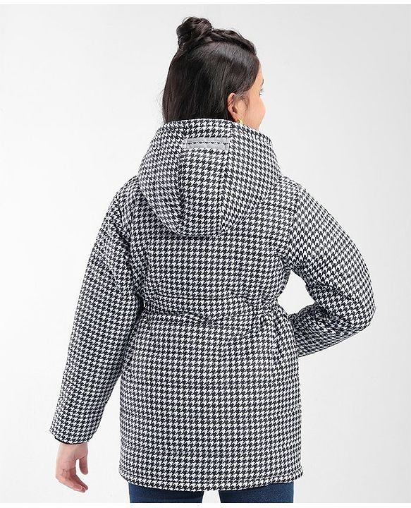 Pine Kids Full Sleeves Checked Print Medium Winter Hooded Jacket - Black & White