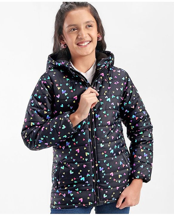 Pine Kids Full Sleeves Hooded All Over Heart Printed Jacket - Multicolor