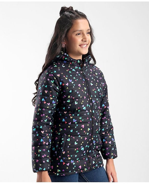 Pine Kids Full Sleeves Hooded All Over Heart Printed Jacket - Multicolor