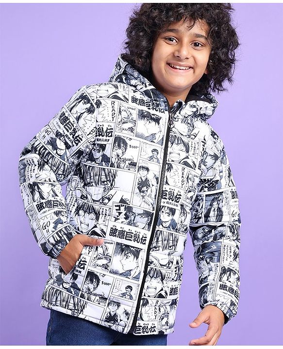 Pine Kids Full Sleeves Hooded Anime Printed Heavy Winter Jacket - Black & White