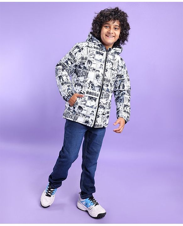 Pine Kids Full Sleeves Hooded Anime Printed Heavy Winter Jacket - Black & White