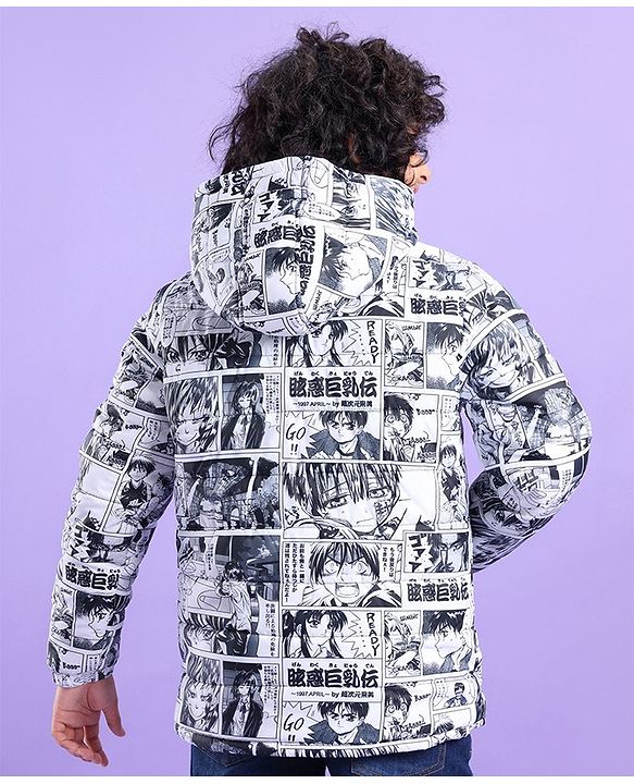 Pine Kids Full Sleeves Hooded Anime Printed Heavy Winter Jacket - Black & White