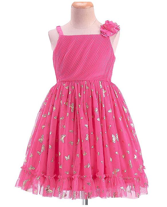 Babyhug Sleeveless Foil Butterfly Printed Party Frock - Magenta