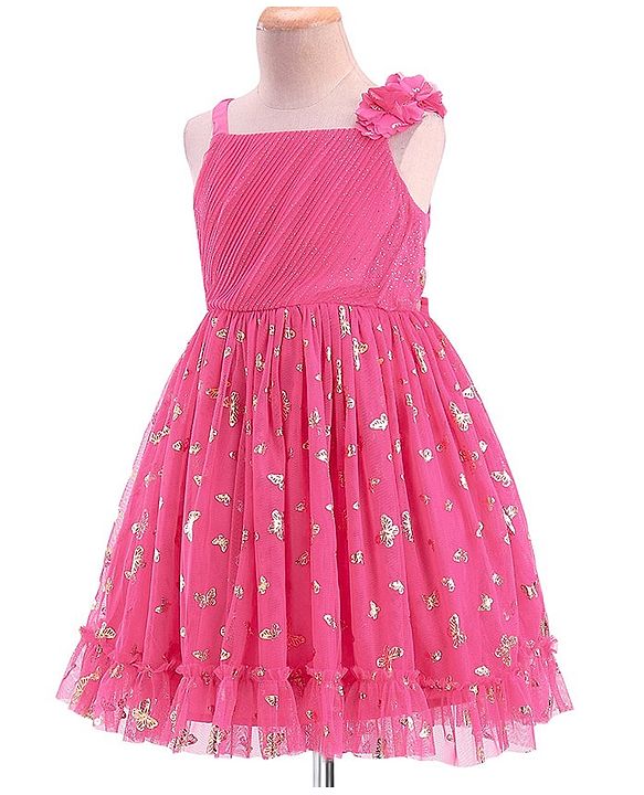 Babyhug Sleeveless Foil Butterfly Printed Party Frock - Magenta