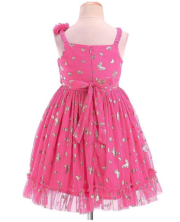 Babyhug Sleeveless Foil Butterfly Printed Party Frock - Magenta