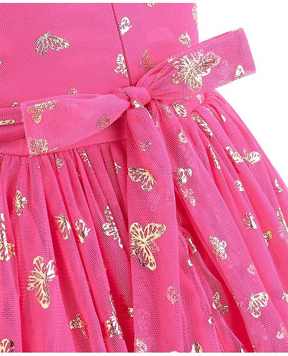Babyhug Sleeveless Foil Butterfly Printed Party Frock - Magenta
