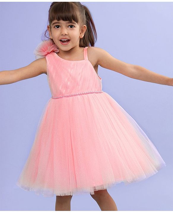 Babyhug Sleeveless Corsage & Pearl Detailing Mesh Party Frock - Peach
