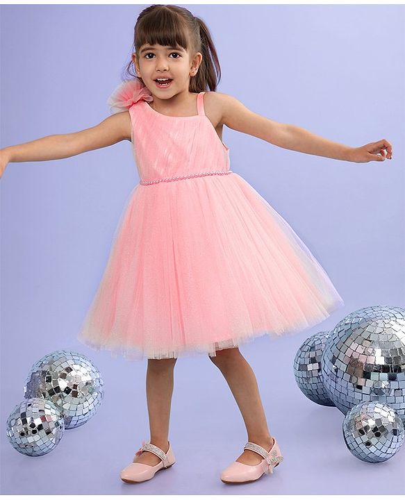 Babyhug Sleeveless Corsage & Pearl Detailing Mesh Party Frock - Peach