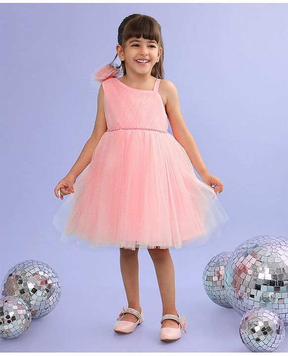 Babyhug Sleeveless Corsage & Pearl Detailing Mesh Party Frock - Peach