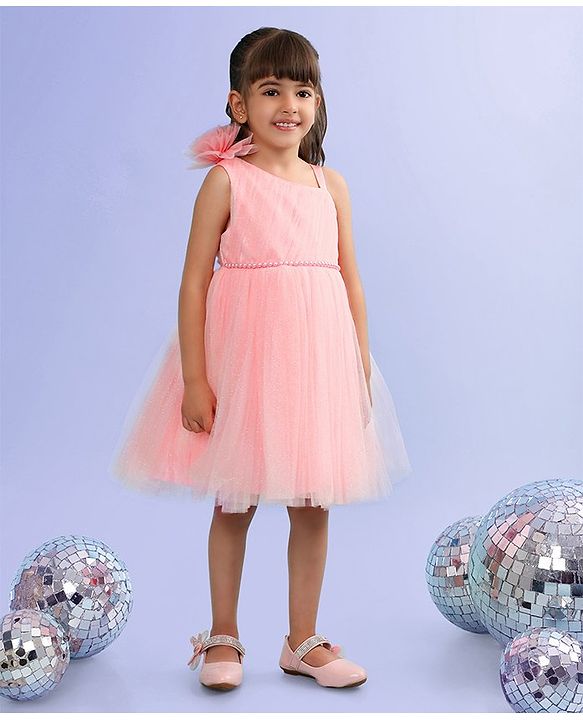 Babyhug Sleeveless Corsage & Pearl Detailing Mesh Party Frock - Peach