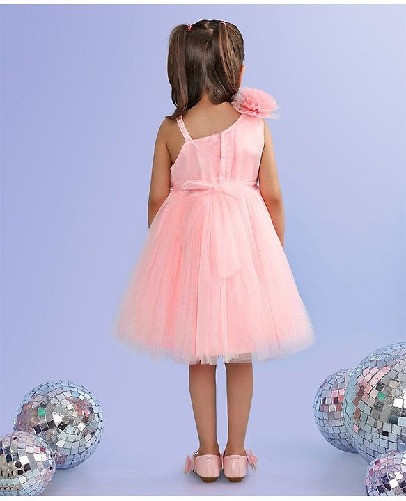 Babyhug Sleeveless Corsage & Pearl Detailing Mesh Party Frock - Peach