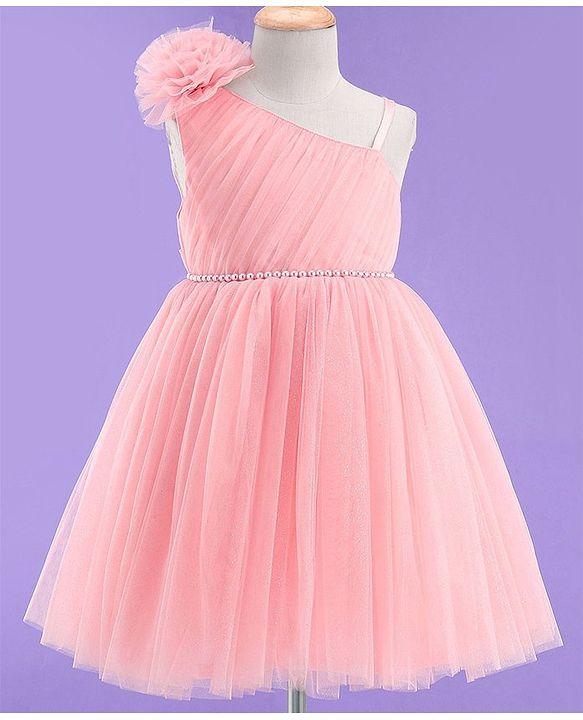 Babyhug Sleeveless Corsage & Pearl Detailing Mesh Party Frock - Peach