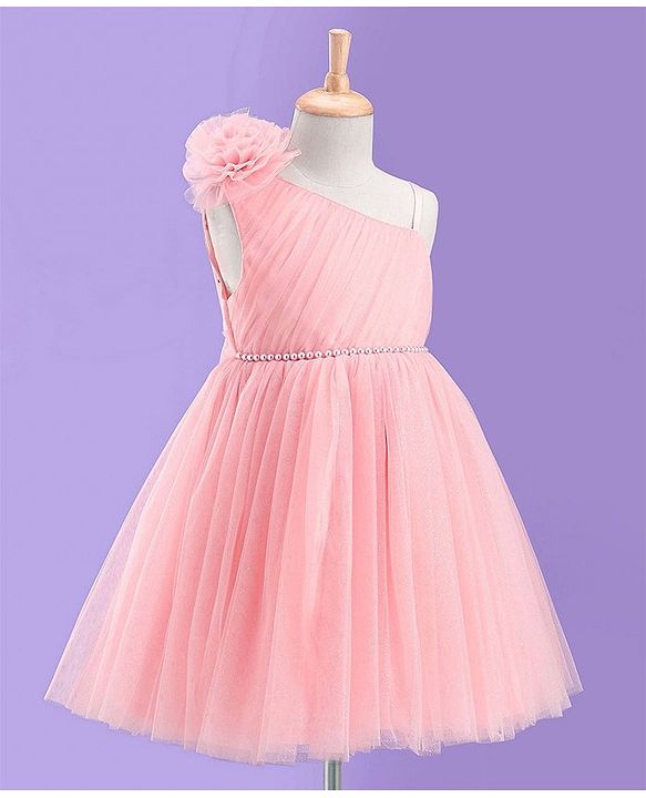 Babyhug Sleeveless Corsage & Pearl Detailing Mesh Party Frock - Peach